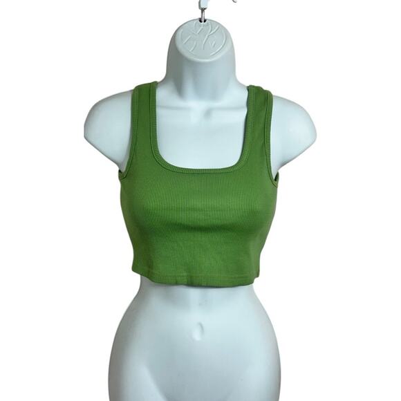Green Ribbed Crop Tank Top Sz M Fitted Stretch Casual Blouse Cotton Blend - Picture 6 of 6